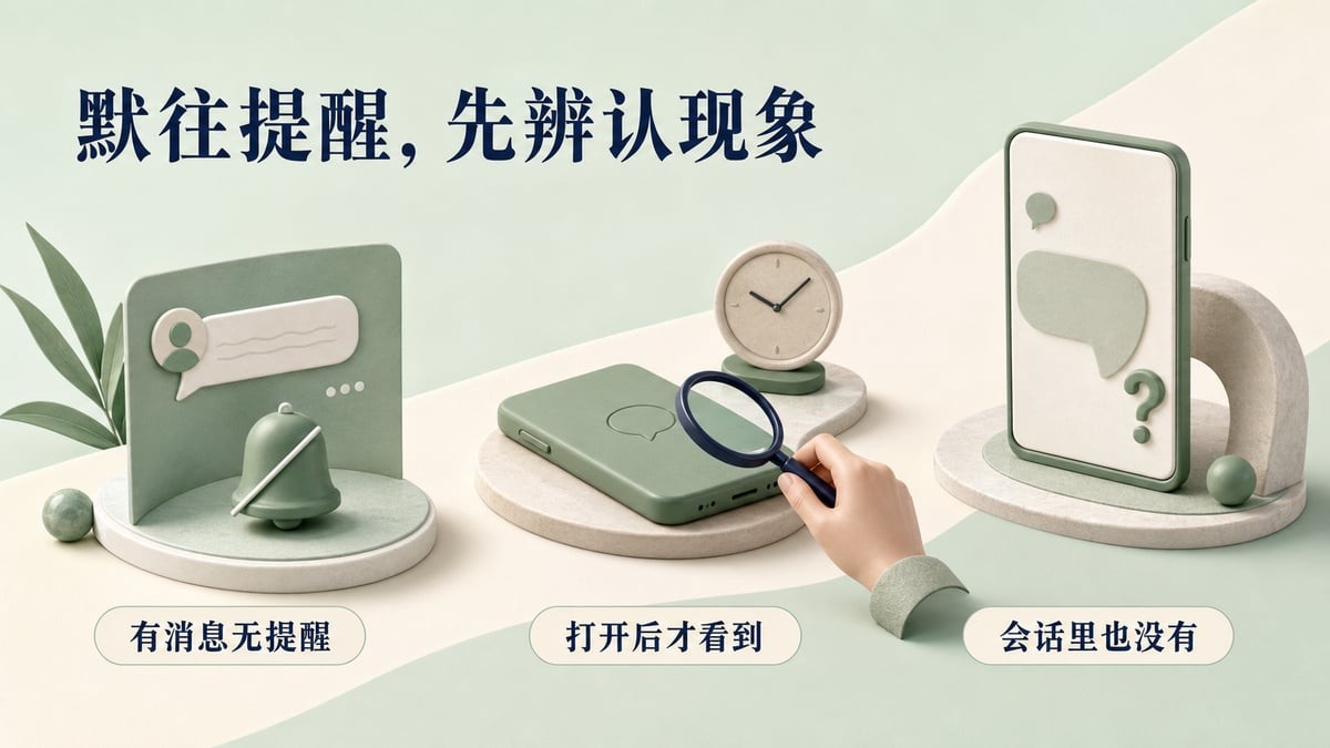 默往消息提醒现象示意:区分有消息无提醒、打开后才看到和会话里也没有