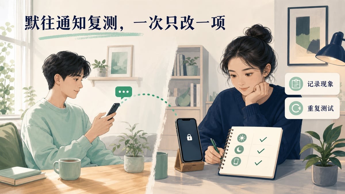默往通知复测场景示意:双方约定少量测试消息,记录现象并一次只调整一项