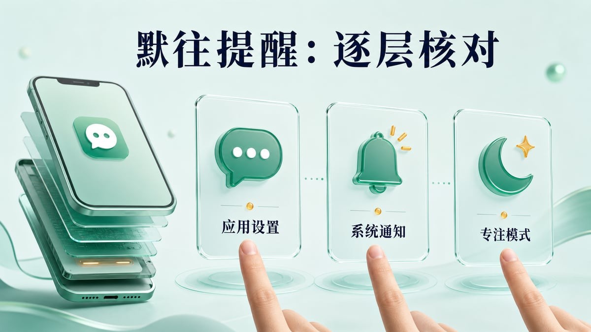 默往通知分层检查示意:分别核对应用设置、系统通知与专注模式