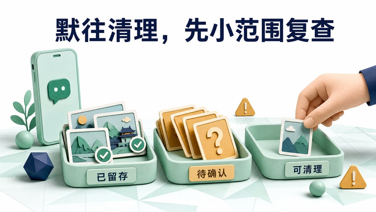 默往小范围清理示意:将已留存、待确认和可清理内容分开,操作后再复查