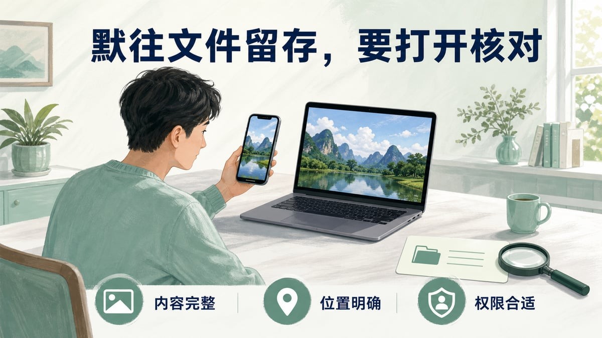 默往文件留存核对示意:实际打开内容,确认位置、完整性与访问权限
