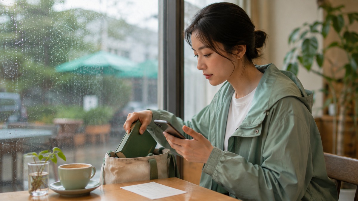 组织者在雨天核对室内场地安排并发送活动变更通知的场景示意