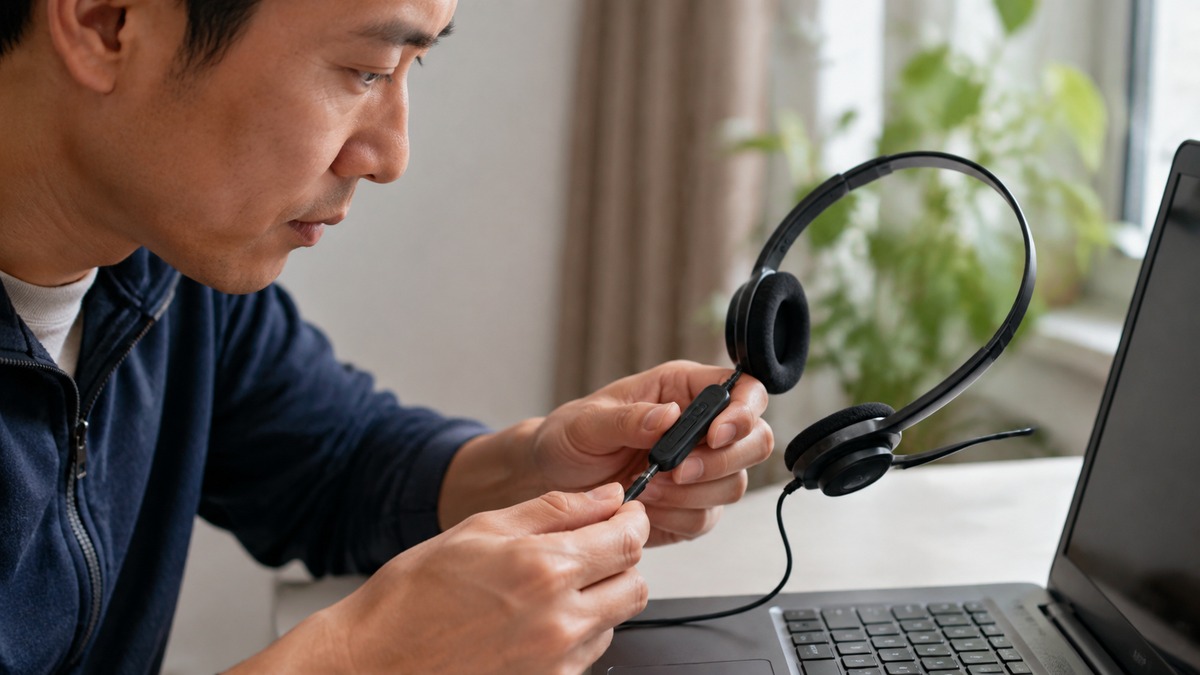用户检查耳机静音开关与连接状态以排查通话声音输入的场景示意