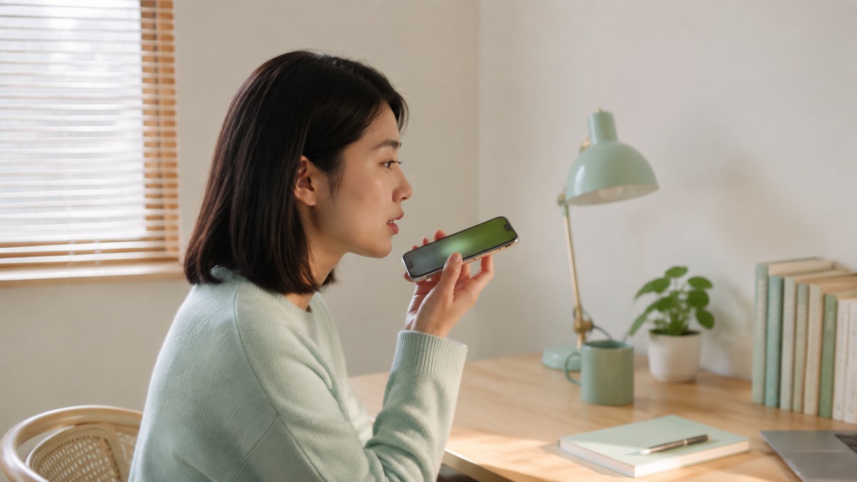 用户在安静书房录制主题明确的短语音消息的场景示意