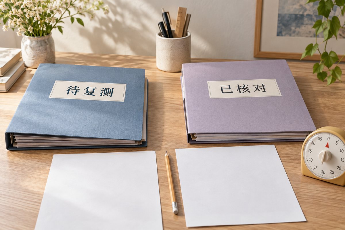 分别标为待复测与已核对的两份文件夹