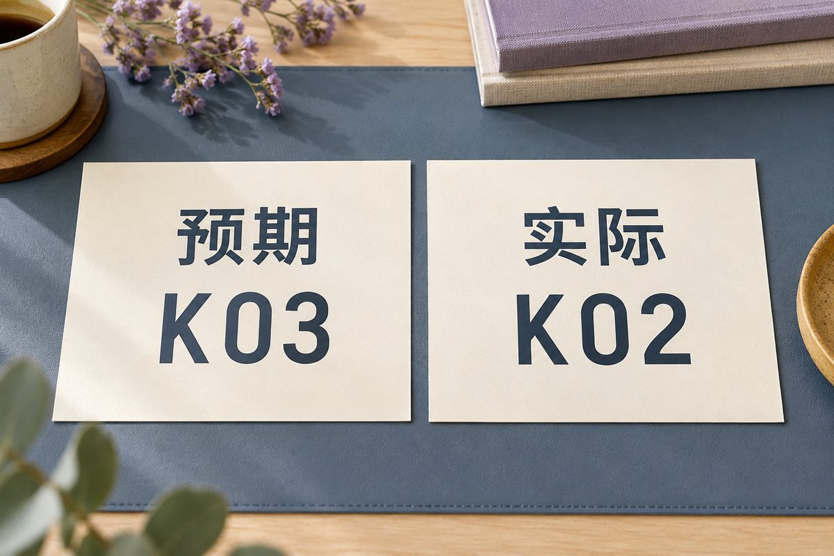 左卡写预期K03，右卡写实际K02