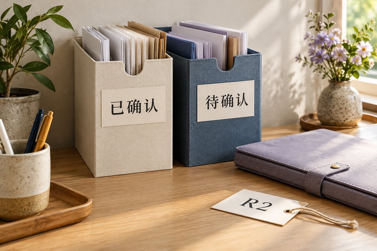 已确认与待确认两份资料袋旁放着R2标签