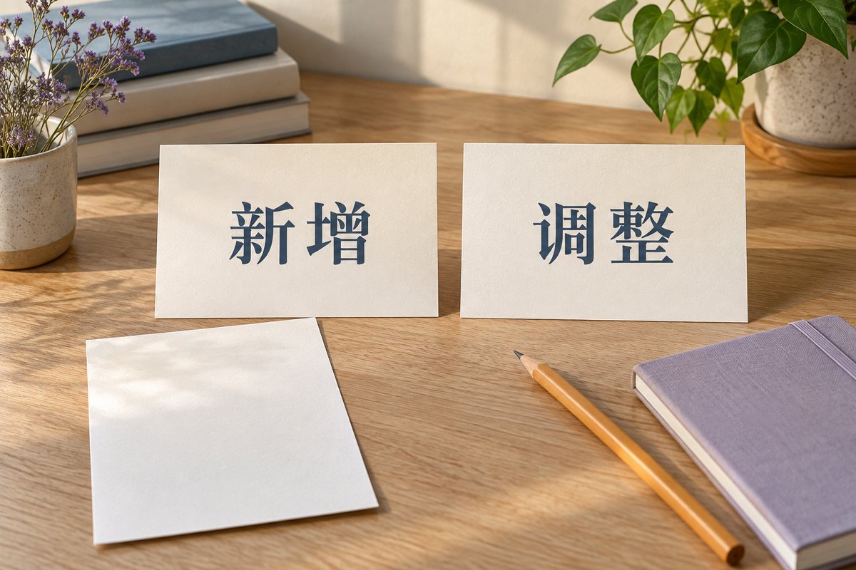分别标为新增和调整的两张卡，旁边放置竖版纸样