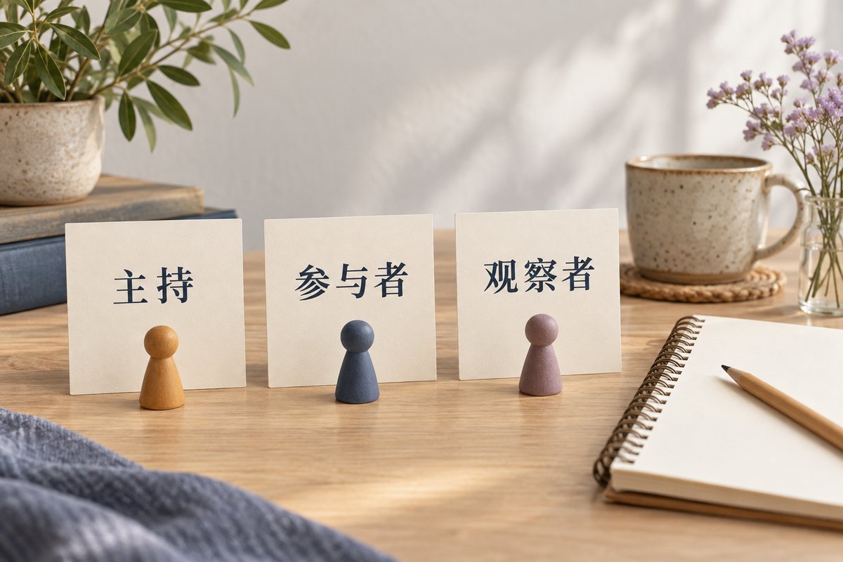 主持、参与者和观察者三张角色卡及对应木质标记